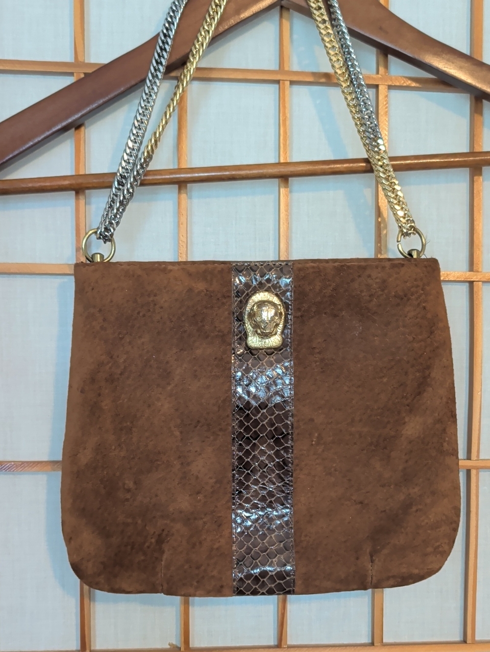 Vintage Brown Suede Shoulder Bag with Gold Chain And Tiger Head Detail